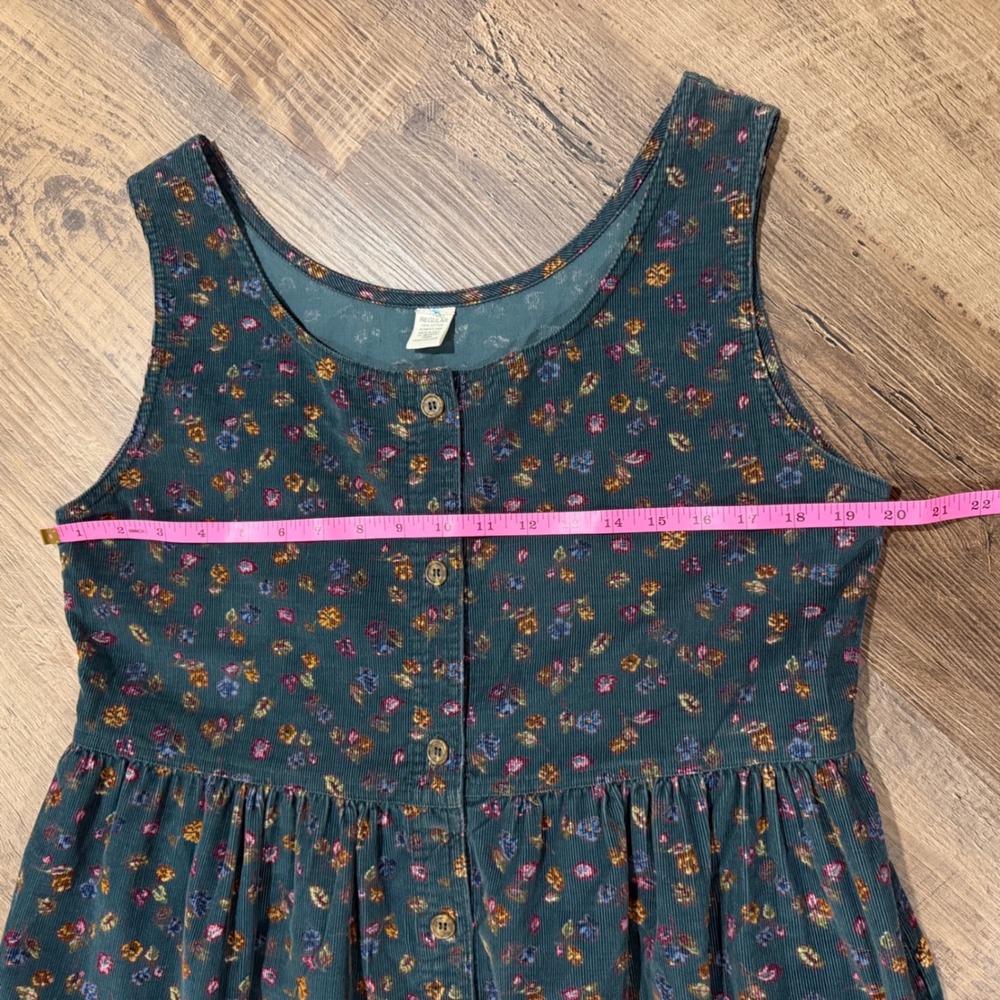 Vintage LL Bean Corduroy Dress Women's L Green Floral Button Front Midi Pockets - Picture 8 of 10